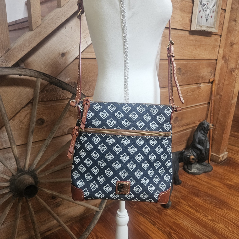 Dooney & Bourke Navy Blue Monogram Crossbody with Brown Leather Trim